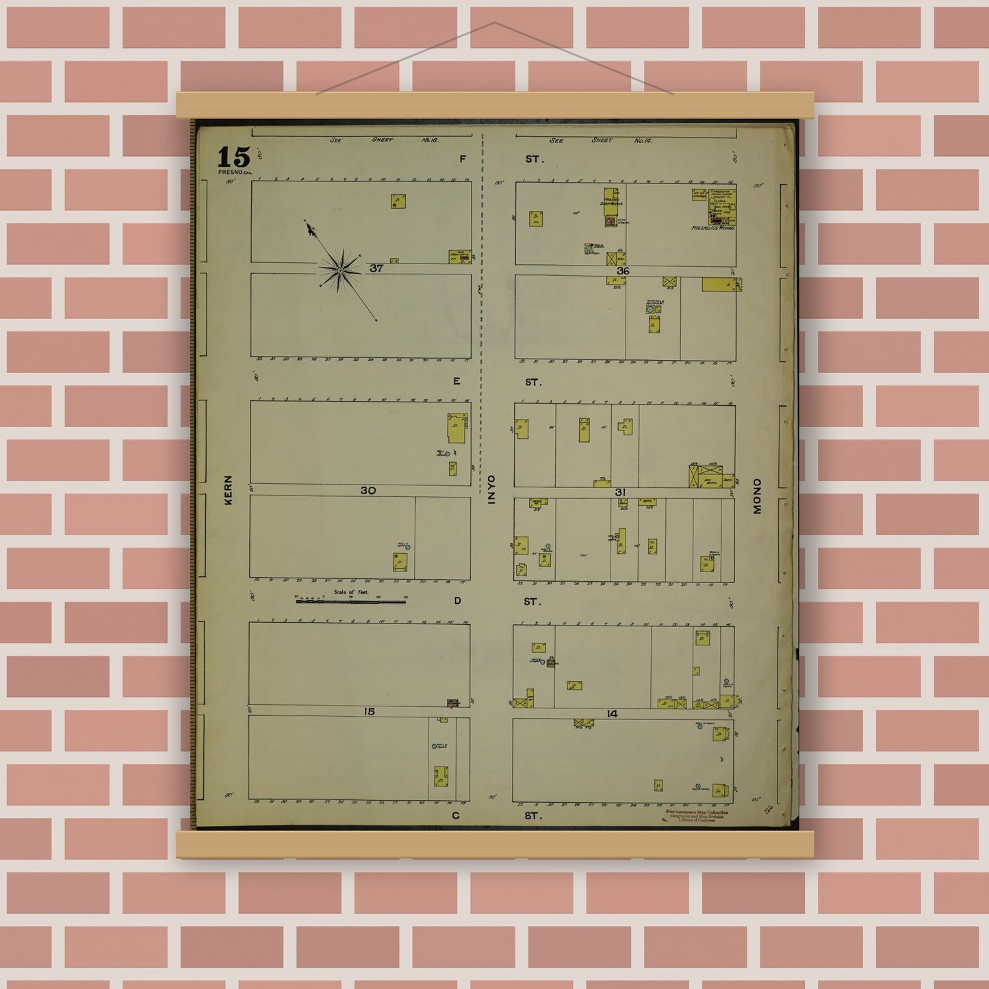 Old map wall art mockup — magnetic wood frame on brick wall — Sanborn Fire Insurance Map from Fresno, Fresno County, California (1888), Sheet #0015