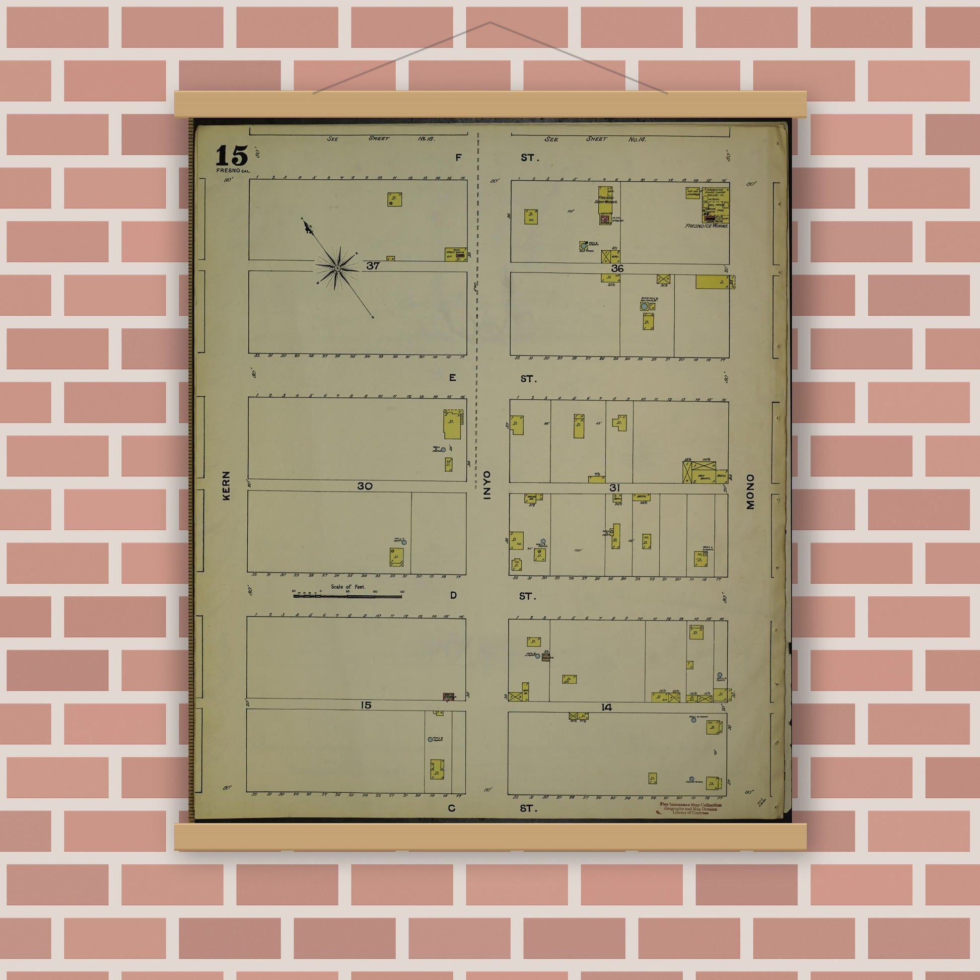 Old map wall art mockup — magnetic wood frame on brick wall — Sanborn Fire Insurance Map from Fresno, Fresno County, California (1888), Sheet #0015