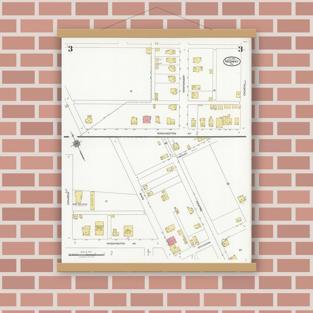 Old map wall art mockup — magnetic wood frame on brick wall — Sanborn Fire Insurance Map from Midway, Washington County, Pennsylvania (1927), Sheet #0003