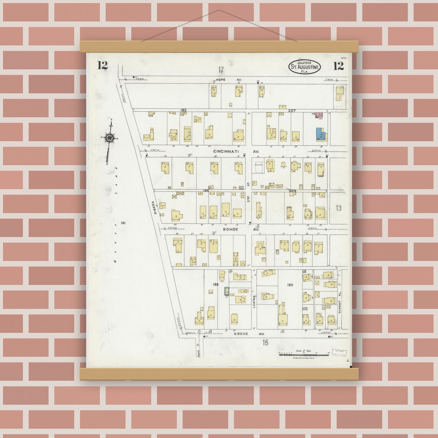 Old map wall art mockup — magnetic wood frame on brick wall — Sanborn Fire Insurance Map from Saint Augustine, Saint John's County, Florida (1924), Sheet #0012