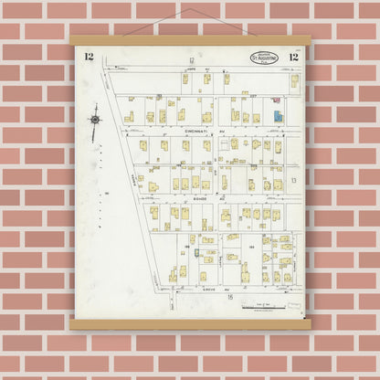 Old map wall art mockup — magnetic wood frame on brick wall — Sanborn Fire Insurance Map from Saint Augustine, Saint John's County, Florida (1924), Sheet #0012