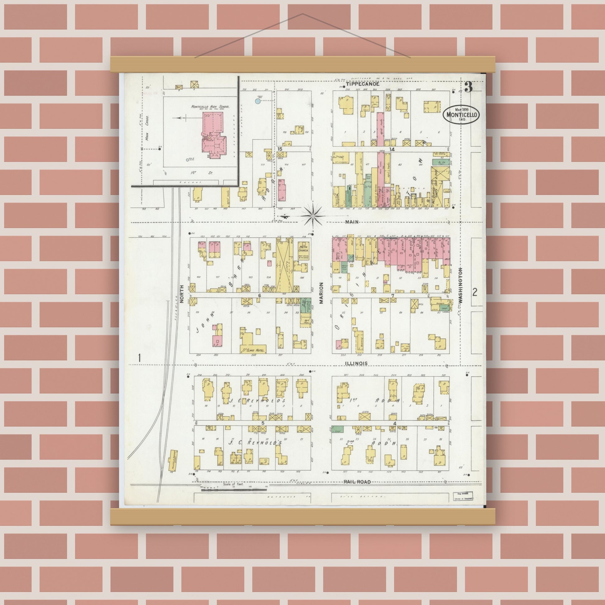 Old map wall art mockup — magnetic wood frame on brick wall — Sanborn Fire Insurance Map from Monticello, White County, Indiana (1899), Sheet #0003