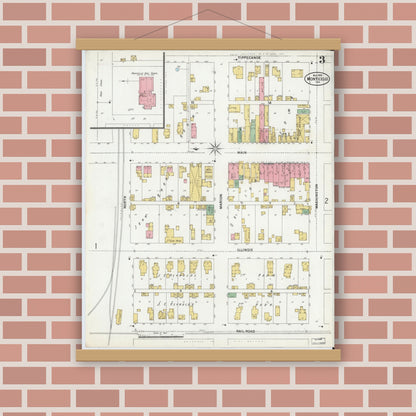 Old map wall art mockup — magnetic wood frame on brick wall — Sanborn Fire Insurance Map from Monticello, White County, Indiana (1899), Sheet #0003