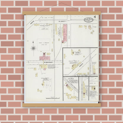 Old map wall art mockup — magnetic wood frame on brick wall — Sanborn Fire Insurance Map from Charlotte, Eaton County, Michigan (1890), Sheet #0004