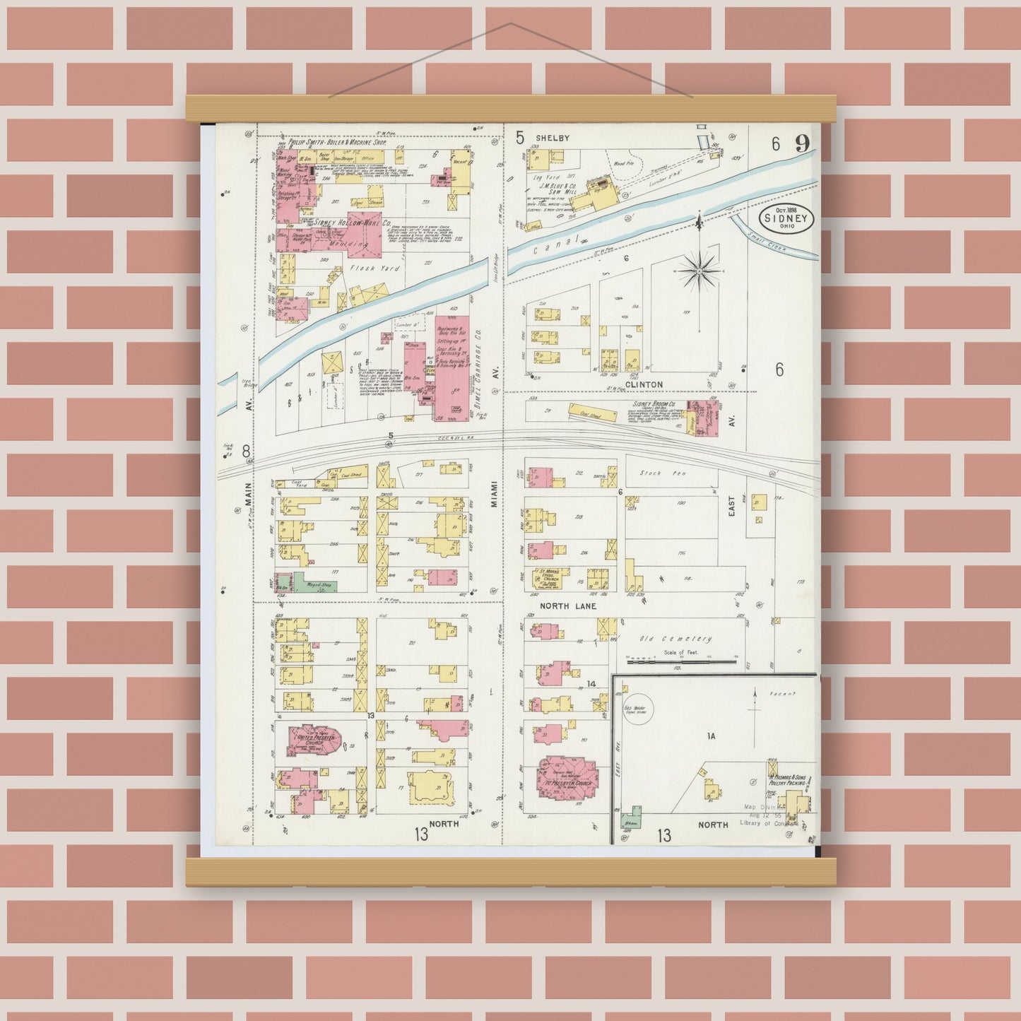 Old map wall art mockup — magnetic wood frame on brick wall — Sanborn Fire Insurance Map from Sidney, Shelby County, Ohio (1898), Sheet #0009