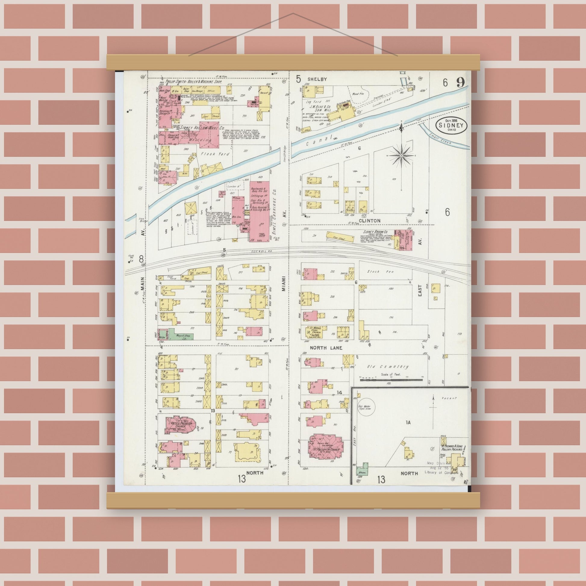 Old map wall art mockup — magnetic wood frame on brick wall — Sanborn Fire Insurance Map from Sidney, Shelby County, Ohio (1898), Sheet #0009