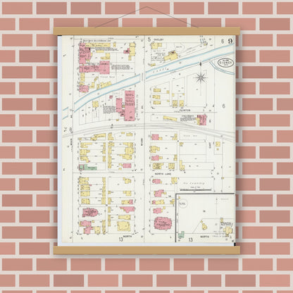 Old map wall art mockup — magnetic wood frame on brick wall — Sanborn Fire Insurance Map from Sidney, Shelby County, Ohio (1898), Sheet #0009