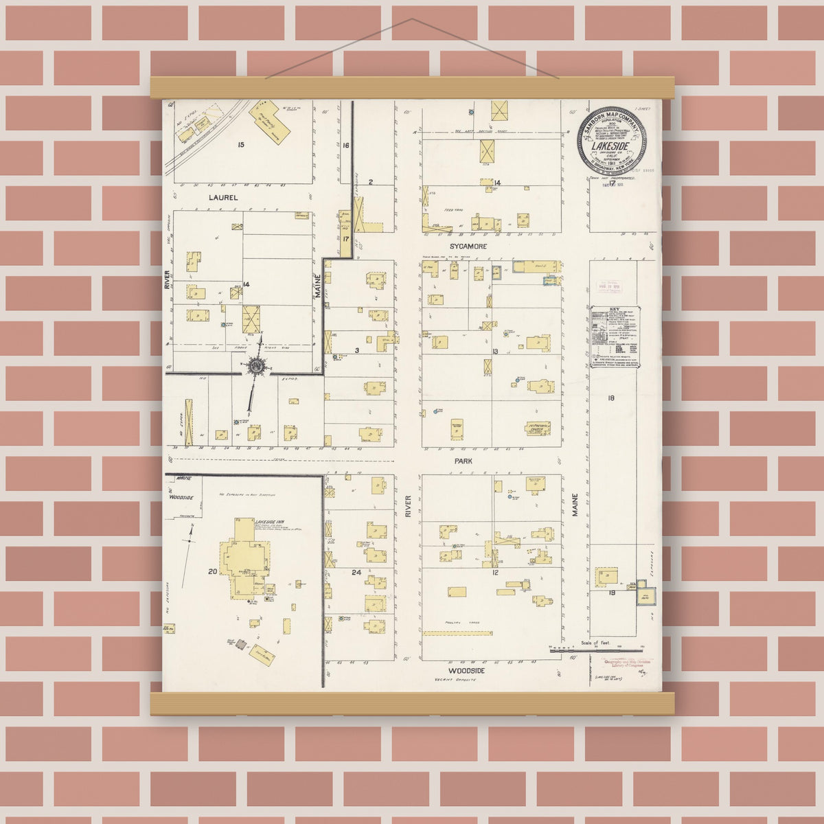Old map wall art mockup — magnetic wood frame on brick wall — Sanborn Fire Insurance Map from Lakeside, San Diego County, California (1911), Sheet #0001
