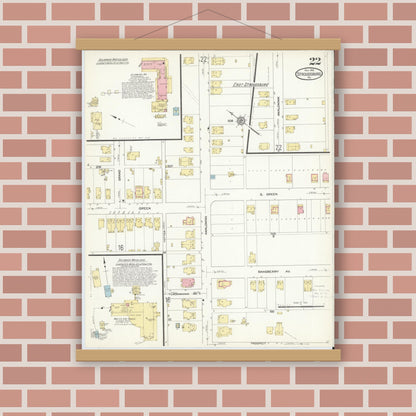 Old map wall art mockup — magnetic wood frame on brick wall — Sanborn Fire Insurance Map from Stroudsburg, Monroe County, Pennsylvania (1912), Sheet #0022