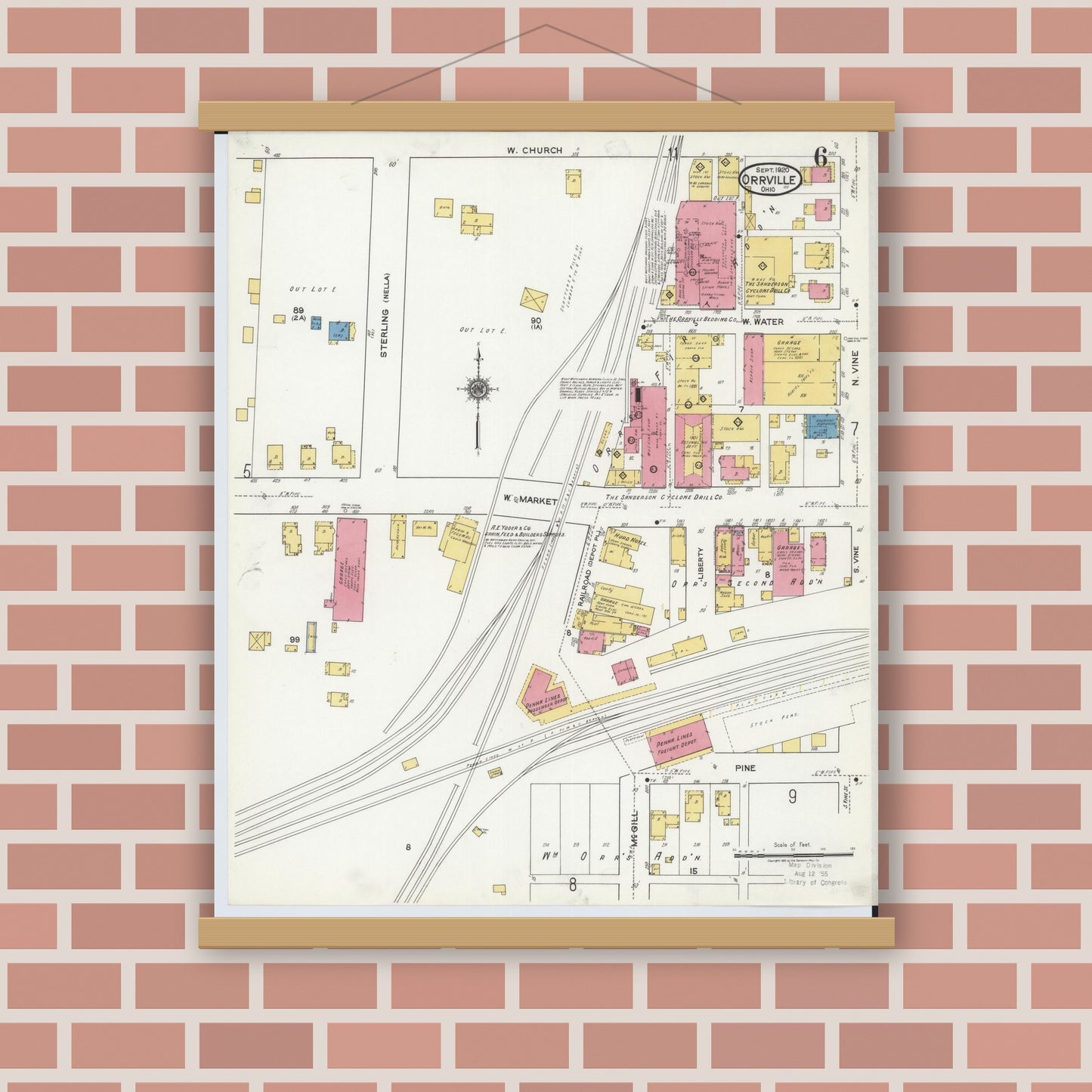 Old map wall art mockup — magnetic wood frame on brick wall — Sanborn Fire Insurance Map from Orrville, Wayne County, Ohio (1920), Sheet #0006