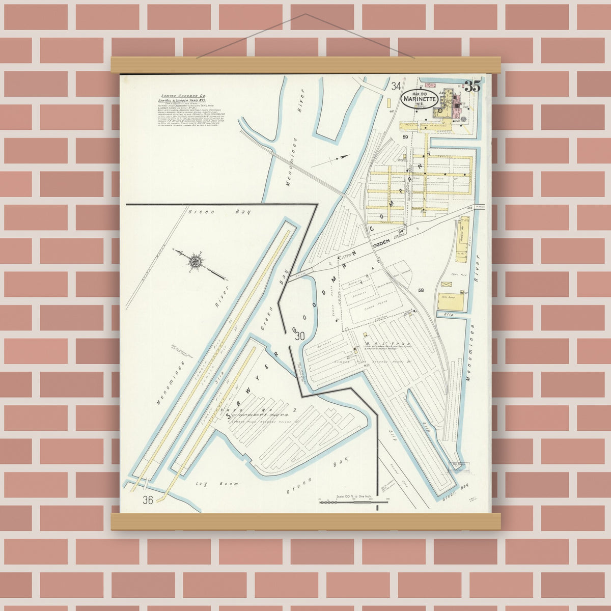 Old map wall art mockup — magnetic wood frame on brick wall — Sanborn Fire Insurance Map from Marinette, Marinette County, Wisconsin (1910), Sheet #0035