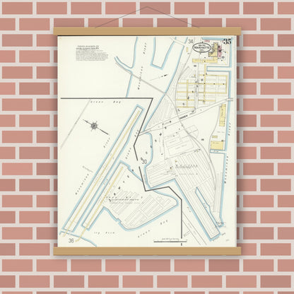 Old map wall art mockup — magnetic wood frame on brick wall — Sanborn Fire Insurance Map from Marinette, Marinette County, Wisconsin (1910), Sheet #0035