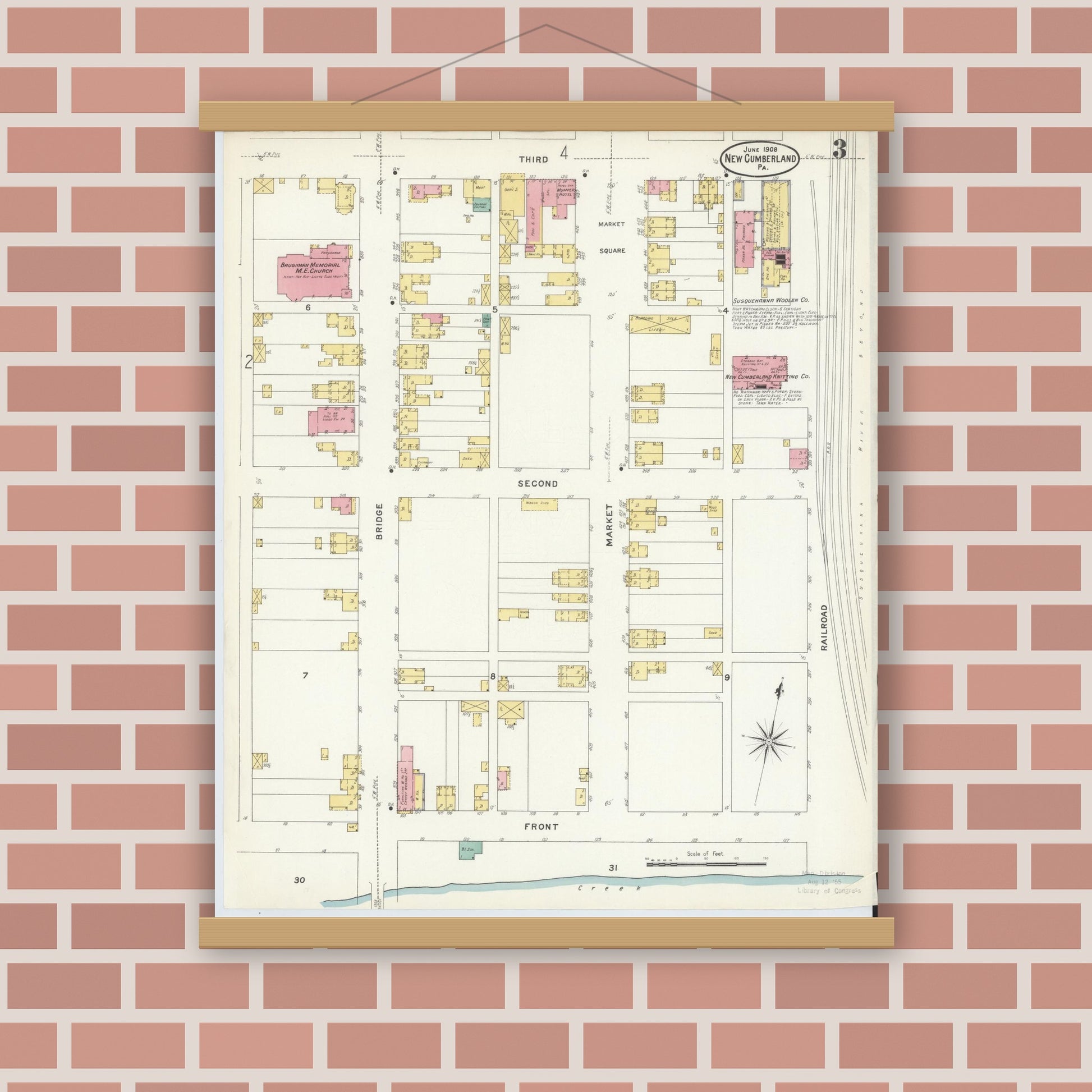 Old map wall art mockup — magnetic wood frame on brick wall — Sanborn Fire Insurance Map from New Cumberland, Cumberland County, Pennsylvania (1908), Sheet #0003