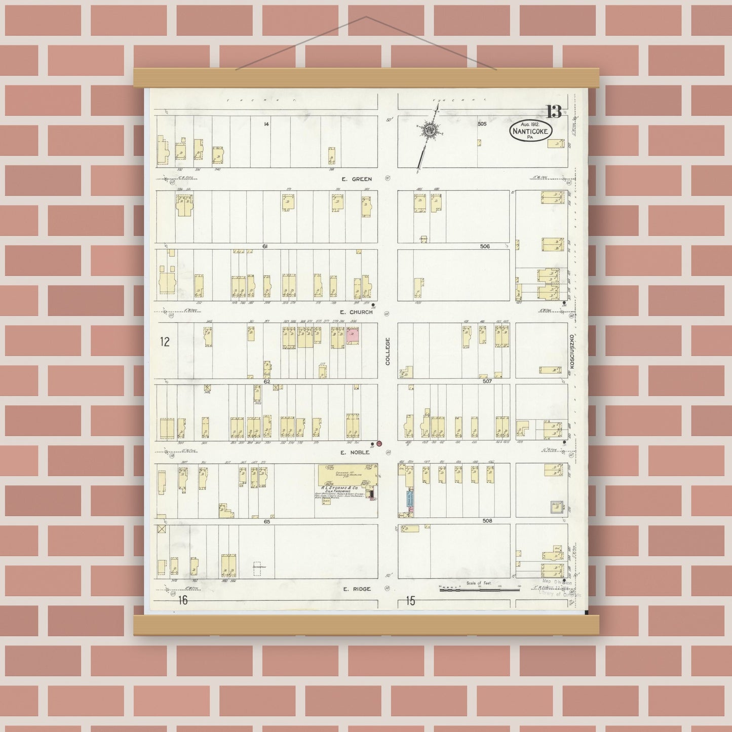 Old map wall art mockup — magnetic wood frame on brick wall — Sanborn Fire Insurance Map from Nanticoke, Luzerne County, Pennsylvania (1912), Sheet #0013