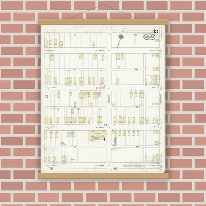 Old map wall art mockup — magnetic wood frame on brick wall — Sanborn Fire Insurance Map from Nanticoke, Luzerne County, Pennsylvania (1912), Sheet #0013