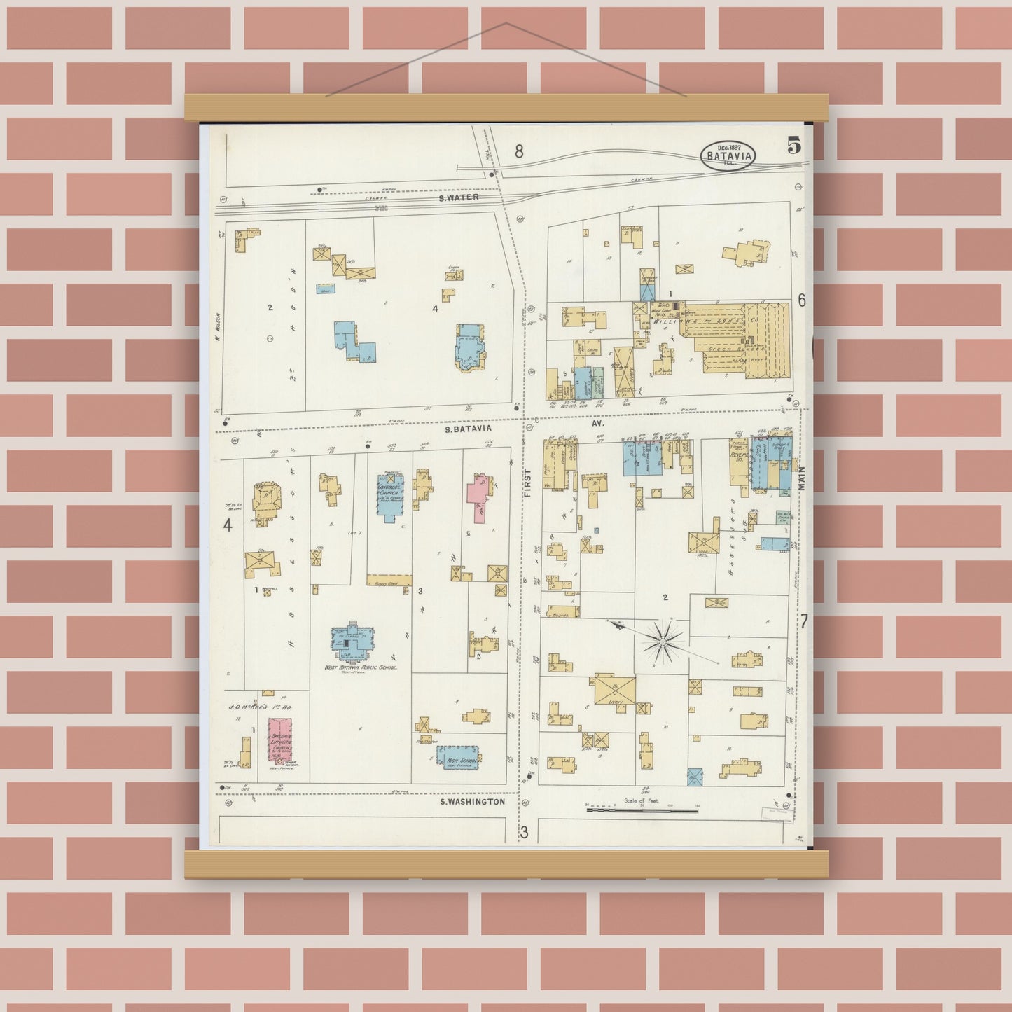 Old map wall art mockup — magnetic wood frame on brick wall — Sanborn Fire Insurance Map from Batavia, Kane County, Illinois (1897), Sheet #0005