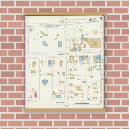 Old map wall art mockup — magnetic wood frame on brick wall — Sanborn Fire Insurance Map from Batavia, Kane County, Illinois (1897), Sheet #0005