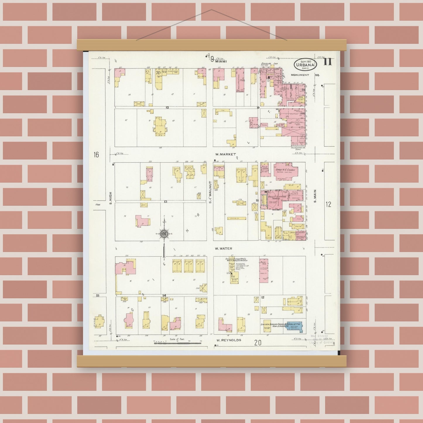 Old map wall art mockup — magnetic wood frame on brick wall — Sanborn Fire Insurance Map from Urbana, Champaign County, Ohio (1910), Sheet #0011