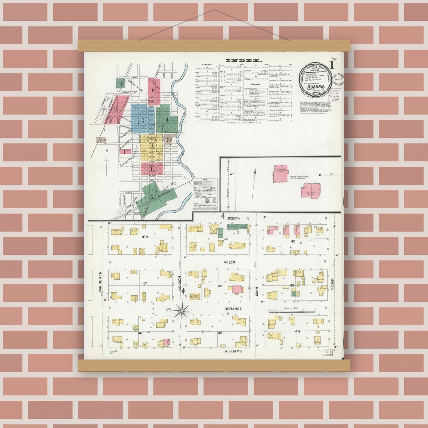 Old map wall art mockup — magnetic wood frame on brick wall — Sanborn Fire Insurance Map from Auburn, De Kalb County, Indiana (1901), Sheet #0001