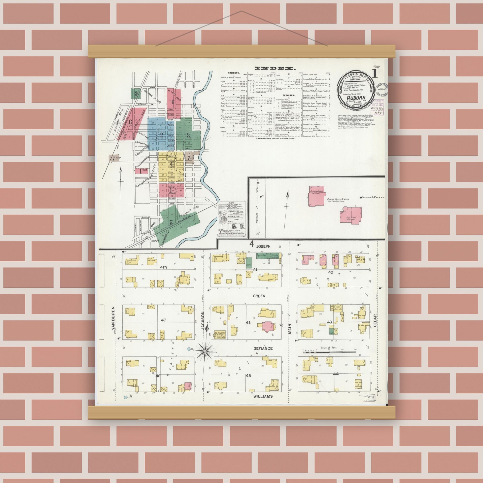 Old map wall art mockup — magnetic wood frame on brick wall — Sanborn Fire Insurance Map from Auburn, De Kalb County, Indiana (1901), Sheet #0001