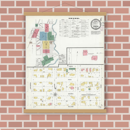 Old map wall art mockup — magnetic wood frame on brick wall — Sanborn Fire Insurance Map from Auburn, De Kalb County, Indiana (1901), Sheet #0001