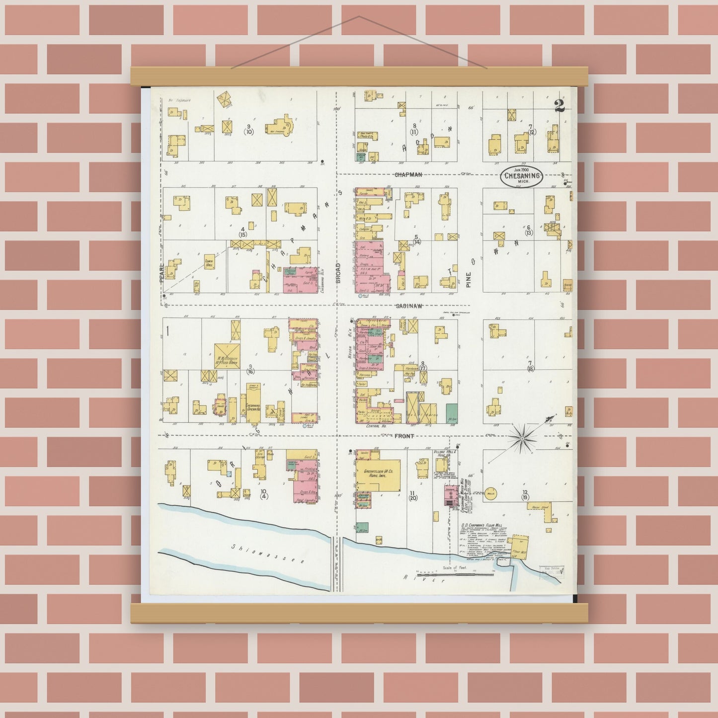 Old map wall art mockup — magnetic wood frame on brick wall — Sanborn Fire Insurance Map from Chesaning, Saginaw County, Michigan (1900), Sheet #0002