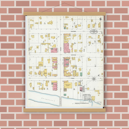 Old map wall art mockup — magnetic wood frame on brick wall — Sanborn Fire Insurance Map from Chesaning, Saginaw County, Michigan (1900), Sheet #0002