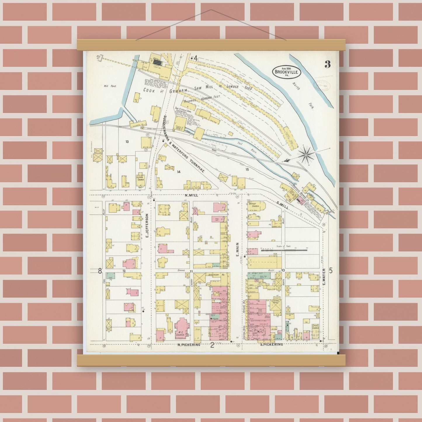 Old map wall art mockup — magnetic wood frame on brick wall — Sanborn Fire Insurance Map from Brookville, Jefferson County, Pennsylvania (1899), Sheet #0003