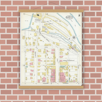 Old map wall art mockup — magnetic wood frame on brick wall — Sanborn Fire Insurance Map from Brookville, Jefferson County, Pennsylvania (1899), Sheet #0003