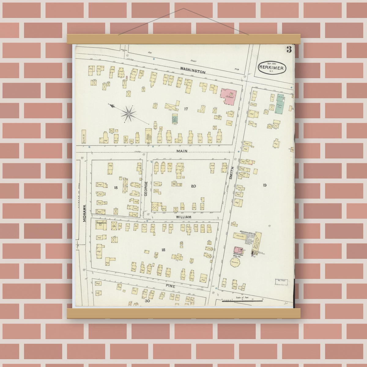 Old map wall art mockup — magnetic wood frame on brick wall — Sanborn Fire Insurance Map from Herkimer, Herkimer County, New York (1890), Sheet #0003