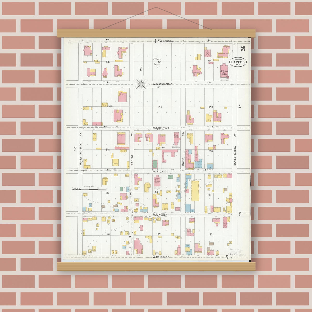 Old map wall art mockup — magnetic wood frame on brick wall — Sanborn Fire Insurance Map from Laredo, Webb County, Texas (1900), Sheet #0003