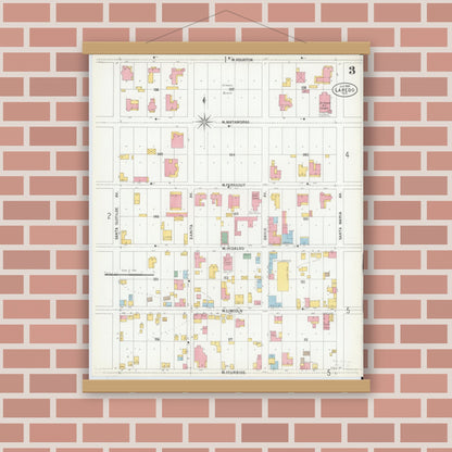 Old map wall art mockup — magnetic wood frame on brick wall — Sanborn Fire Insurance Map from Laredo, Webb County, Texas (1900), Sheet #0003