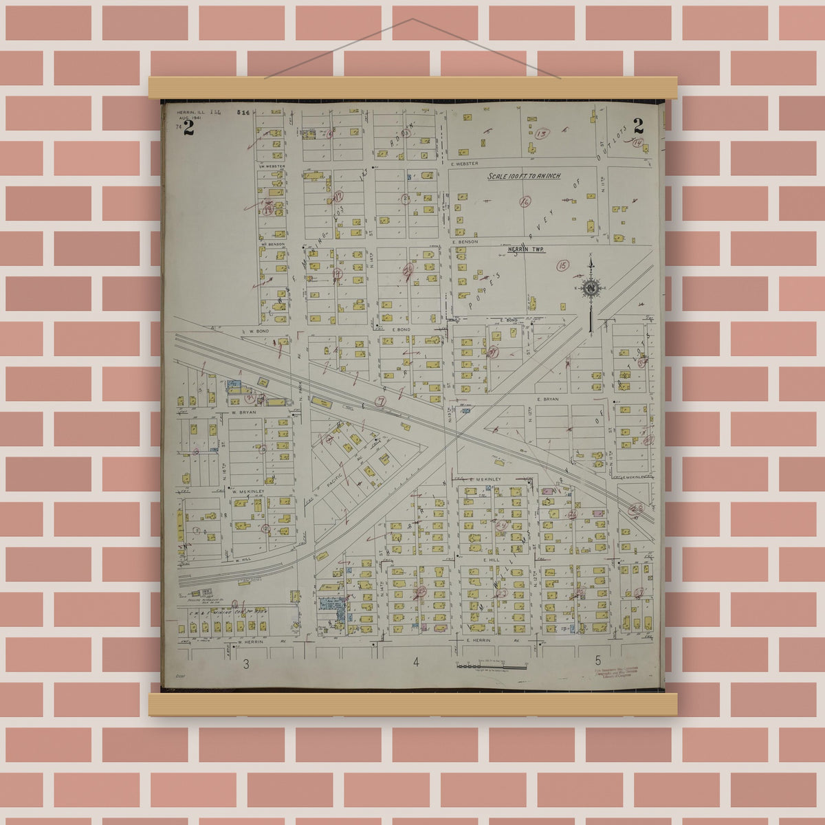 Old map wall art mockup — magnetic wood frame on brick wall — Sanborn Fire Insurance Map from Herrin, Williamson County, Illinois (1947), Sheet #0002