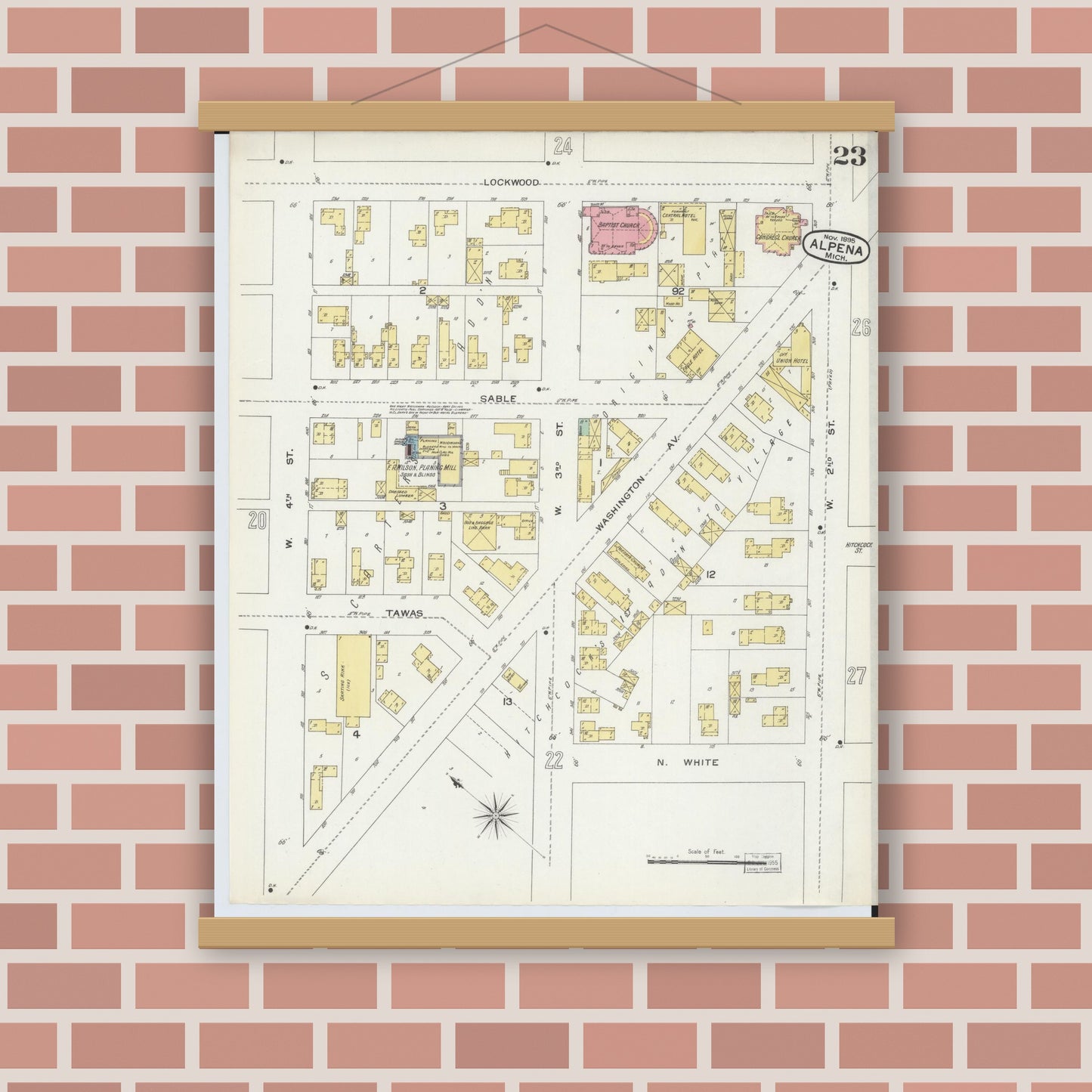 Old map wall art mockup — magnetic wood frame on brick wall — Sanborn Fire Insurance Map from Alpena, Alpena County, Michigan (1895), Sheet #0023