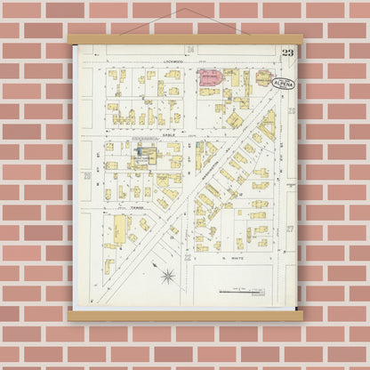 Old map wall art mockup — magnetic wood frame on brick wall — Sanborn Fire Insurance Map from Alpena, Alpena County, Michigan (1895), Sheet #0023