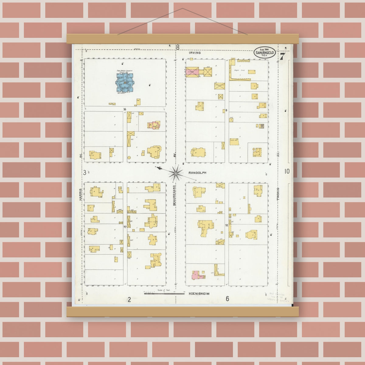 Old map wall art mockup — magnetic wood frame on brick wall — Sanborn Fire Insurance Map from San Angelo, Tom Green County, Texas (1904), Sheet #0007