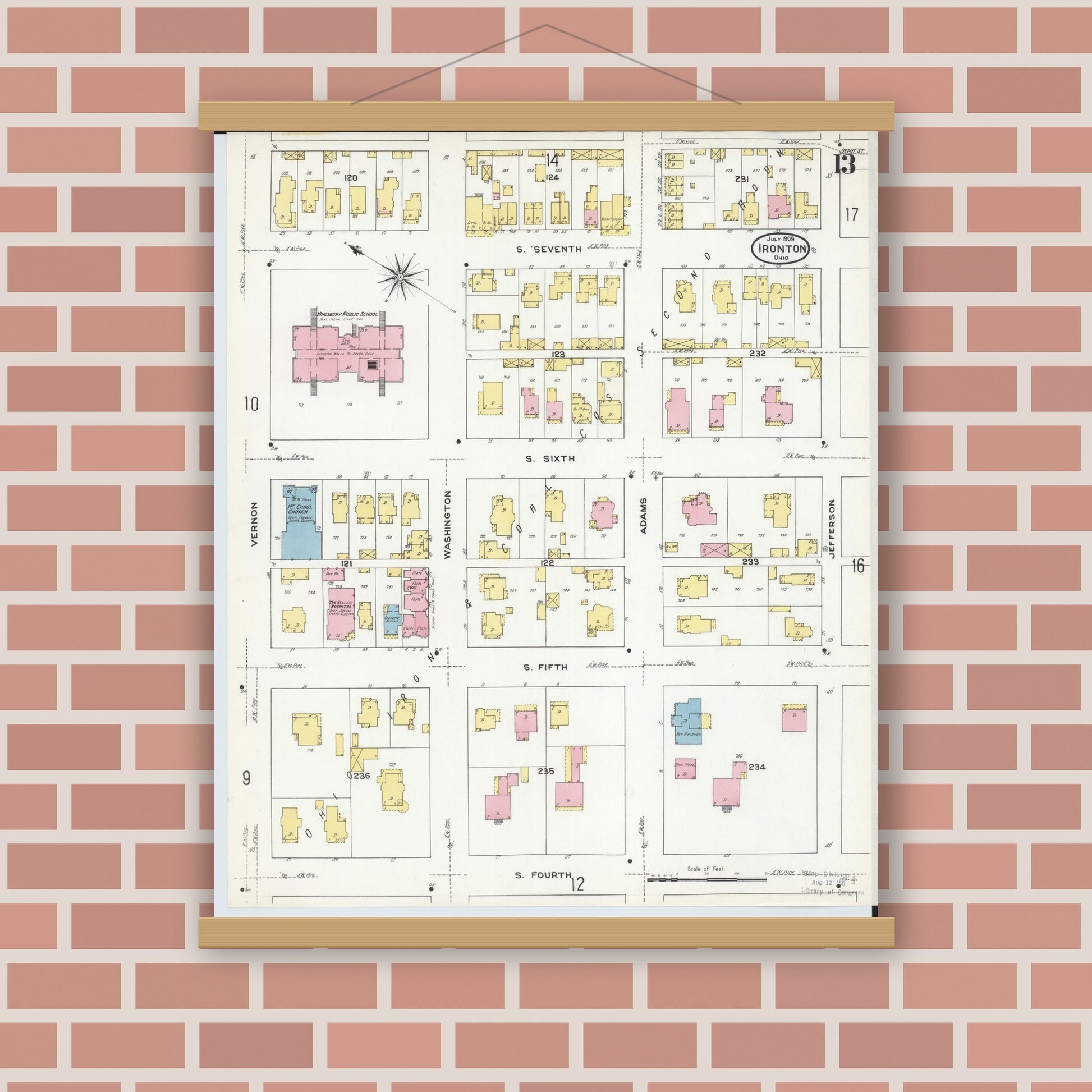 Old map wall art mockup — magnetic wood frame on brick wall — Sanborn Fire Insurance Map from Ironton, Lawrence County, Ohio (1909), Sheet #0013