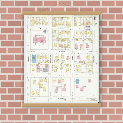 Old map wall art mockup — magnetic wood frame on brick wall — Sanborn Fire Insurance Map from Ironton, Lawrence County, Ohio (1909), Sheet #0013