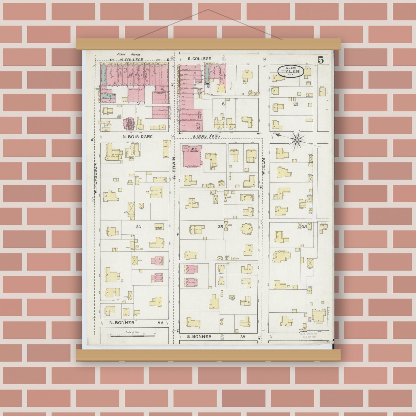 Old map wall art mockup — magnetic wood frame on brick wall — Sanborn Fire Insurance Map from Tyler, Smith County, Texas (1893), Sheet #0005