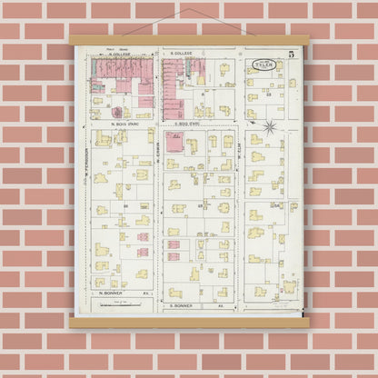 Old map wall art mockup — magnetic wood frame on brick wall — Sanborn Fire Insurance Map from Tyler, Smith County, Texas (1893), Sheet #0005