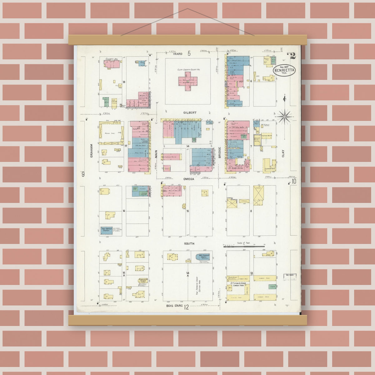 Old map wall art mockup — magnetic wood frame on brick wall — Sanborn Fire Insurance Map from Henrietta, Clay County, Texas (1907), Sheet #0002