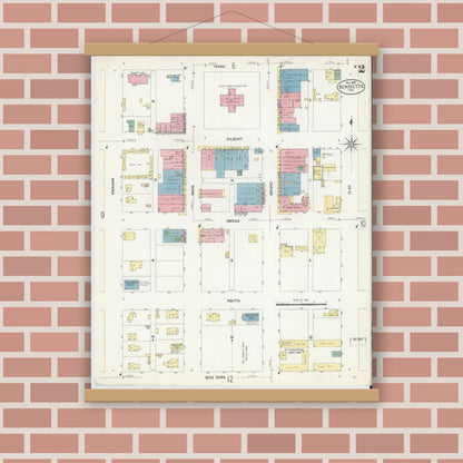 Old map wall art mockup — magnetic wood frame on brick wall — Sanborn Fire Insurance Map from Henrietta, Clay County, Texas (1907), Sheet #0002