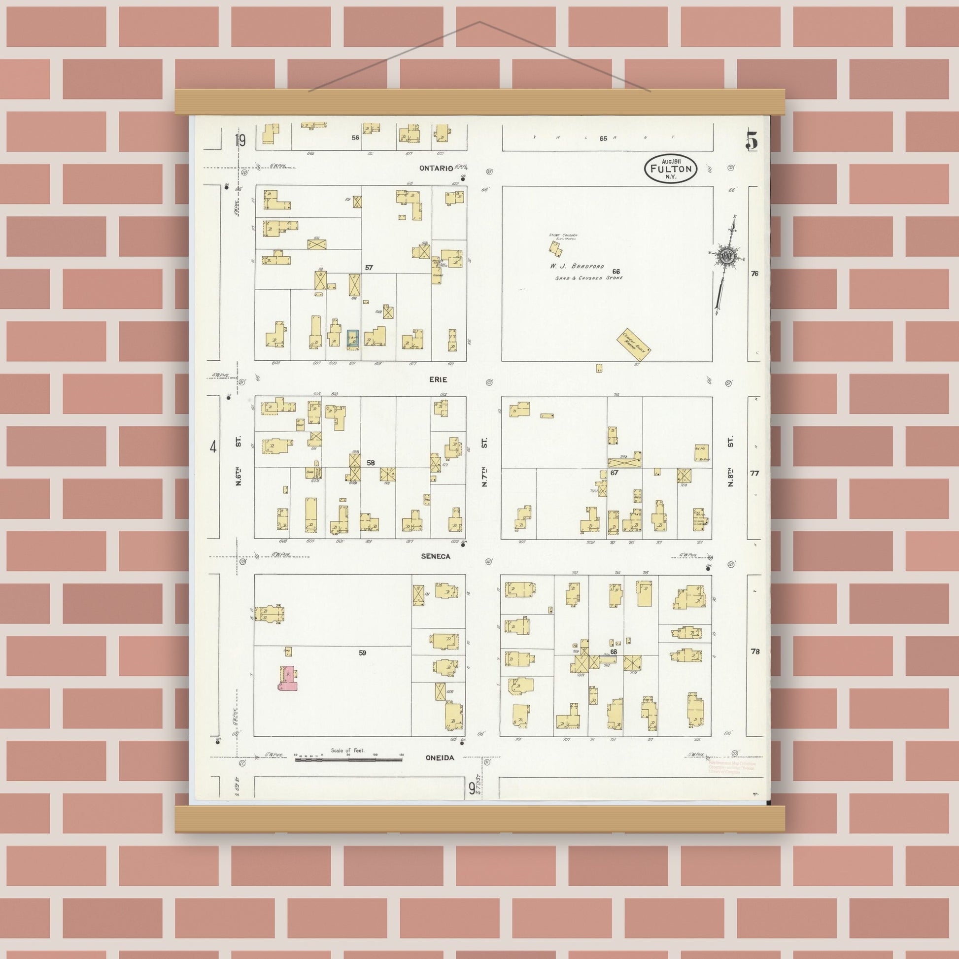 Old map wall art mockup — magnetic wood frame on brick wall — Sanborn Fire Insurance Map from Fulton, Oswego County, New York (1911), Sheet #0005