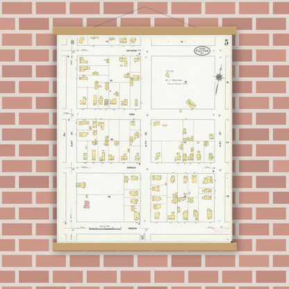 Old map wall art mockup — magnetic wood frame on brick wall — Sanborn Fire Insurance Map from Fulton, Oswego County, New York (1911), Sheet #0005