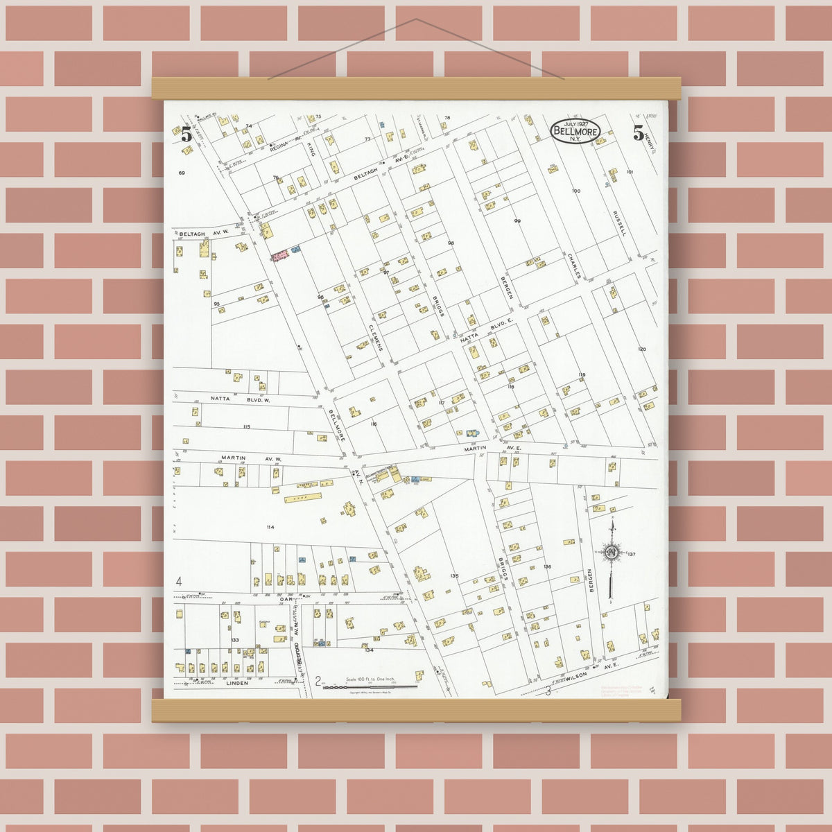 Old map wall art mockup — magnetic wood frame on brick wall — Sanborn Fire Insurance Map from Bellmore, Nassau County, New York (1927), Sheet #0005
