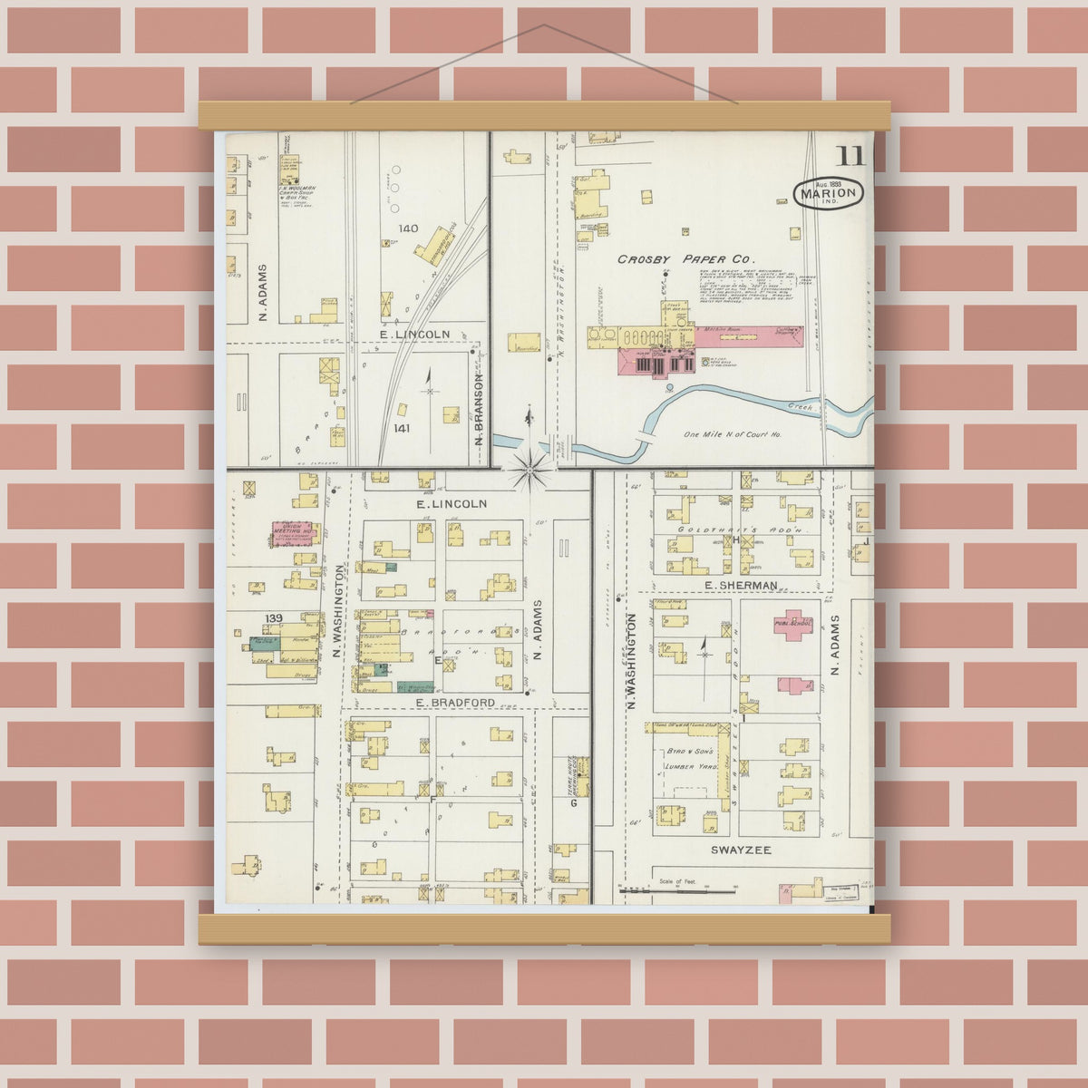 Old map wall art mockup — magnetic wood frame on brick wall — Sanborn Fire Insurance Map from Marion, Grant County, Indiana (1893), Sheet #0011