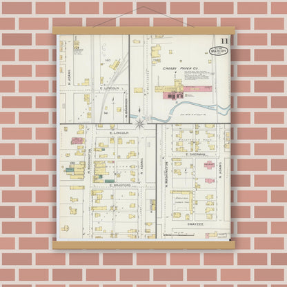 Old map wall art mockup — magnetic wood frame on brick wall — Sanborn Fire Insurance Map from Marion, Grant County, Indiana (1893), Sheet #0011