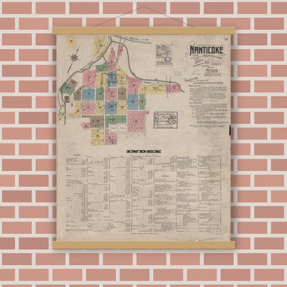 Old map wall art mockup — magnetic wood frame on brick wall — Sanborn Fire Insurance Map from Nanticoke, Luzerne County, Pennsylvania (1920), Sheet #0001