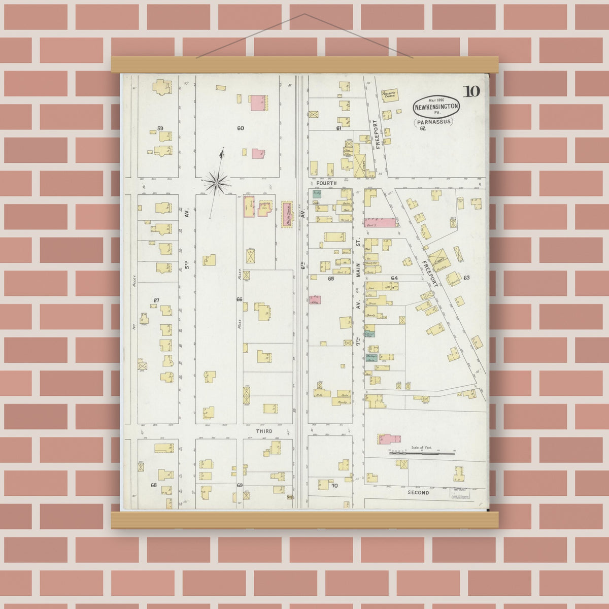 Old map wall art mockup — magnetic wood frame on brick wall — Sanborn Fire Insurance Map from New Kensington, Westmoreland County, Pennsylvania (1895), Sheet #0010