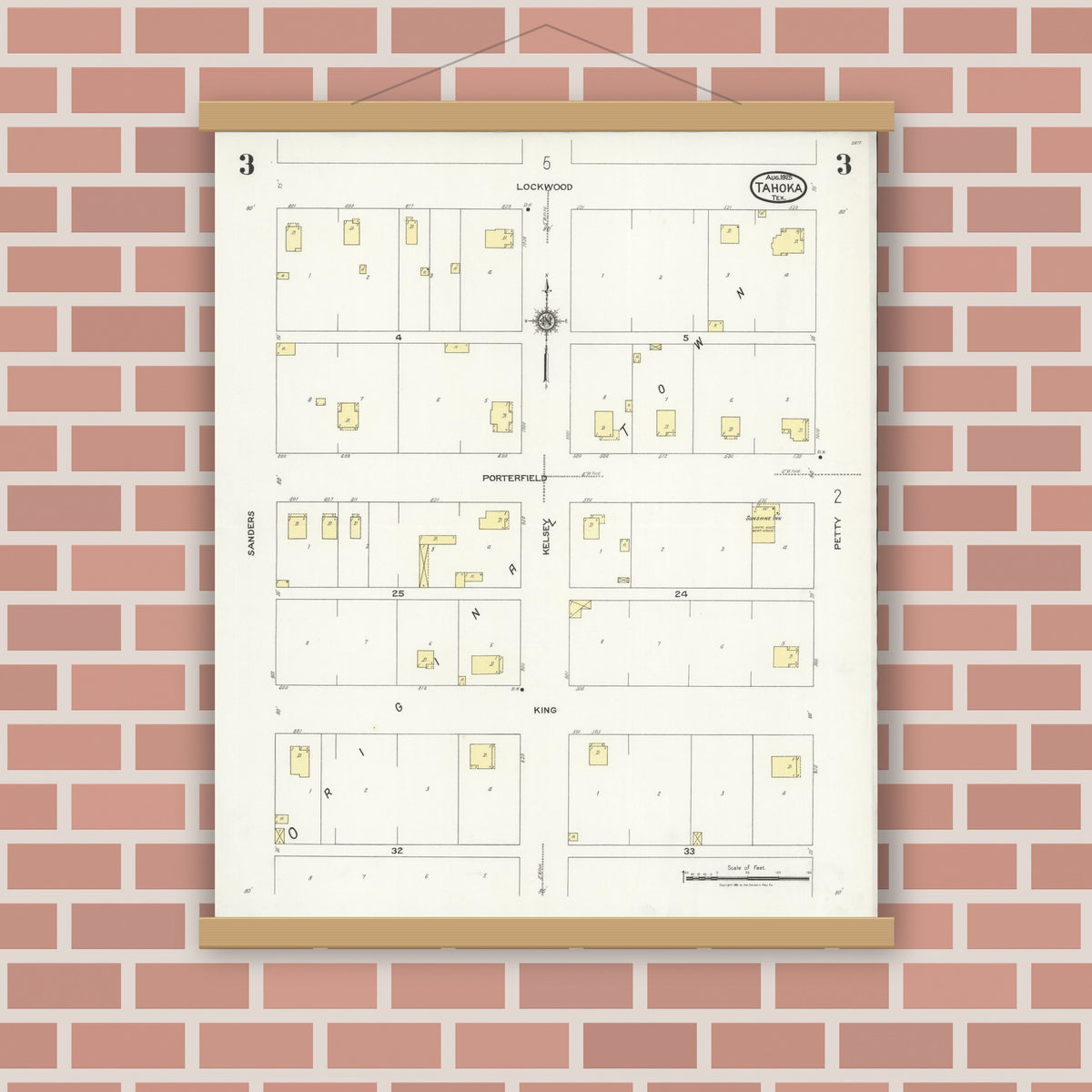 Old map wall art mockup — magnetic wood frame on brick wall — Sanborn Fire Insurance Map from Tahoka, Lynn County, Texas (1925), Sheet #0003